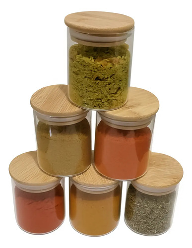 Kit 6 Potes Vidro 200ml Porta Tempero Hermético Tampa Bambu