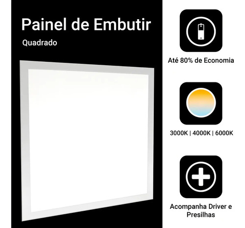 Kit 8 Painéis LED de Embutir Quadrados 40W Luz Branco Frio 40x40