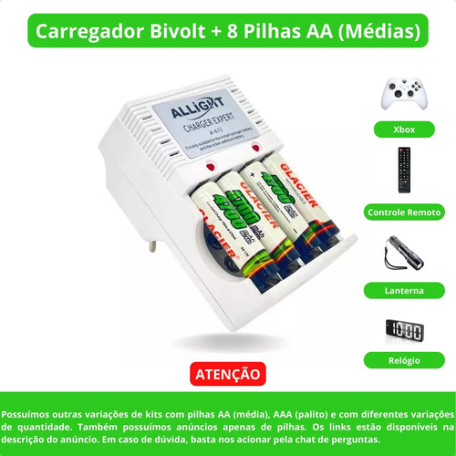Kit 8 Pilhas Recarregáveis + Carregador Rápido Bivolt Aa/aaa
