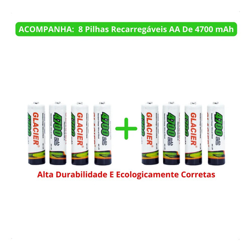Kit 8 Pilhas Recarregáveis + Carregador Rápido Bivolt Aa/aaa