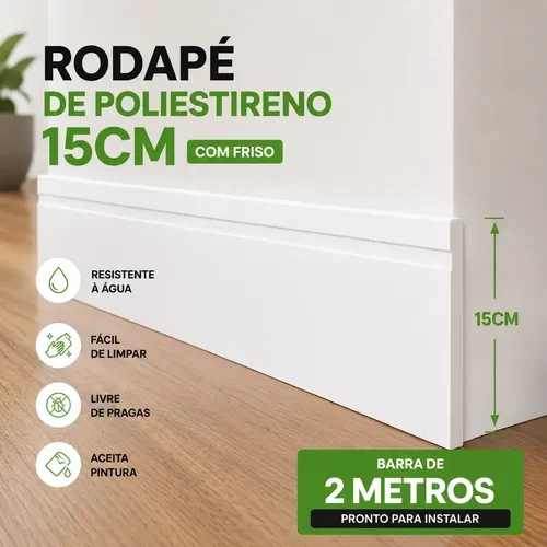 Kit 9 Barras Rodapé Poliestireno Meu Rodapé 15cm X 2m Branco