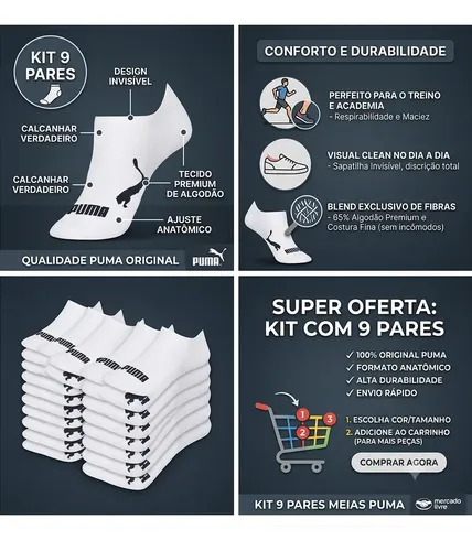 Kit 9 Pares Meias Puma Sapatilha Cano Baixo Algodão Original
