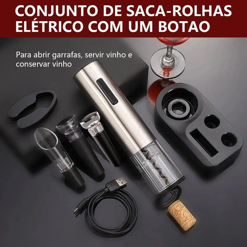 Kit Abridor de Vinho Elétrico Inox Recarregável USB-C com 2 Rolhas a Vácuo e Aerador