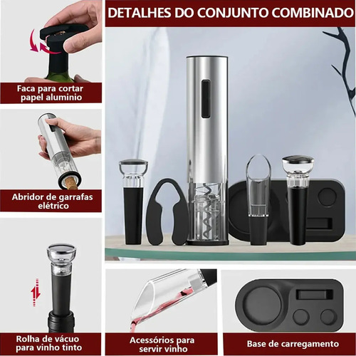 Kit Abridor de Vinho Elétrico Inox Recarregável USB-C com 2 Rolhas a Vácuo e Aerador