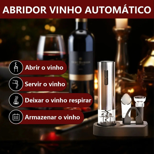 Kit Abridor de Vinho Elétrico Inox Recarregável USB-C com 2 Rolhas a Vácuo e Aerador