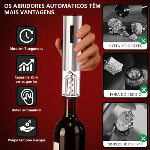 Kit Abridor de Vinho Elétrico Inox Recarregável USB-C com 2 Rolhas a Vácuo e Aerador