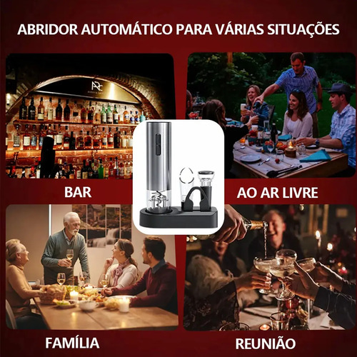 Kit Abridor de Vinho Elétrico Inox Recarregável USB-C com 2 Rolhas a Vácuo e Aerador