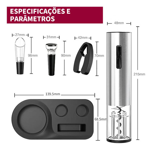 Kit Abridor de Vinho Elétrico Inox Recarregável USB-C com 2 Rolhas a Vácuo e Aerador