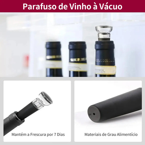 Kit Abridor de Vinho Elétrico Inox Recarregável USB-C com 2 Rolhas a Vácuo e Aerador