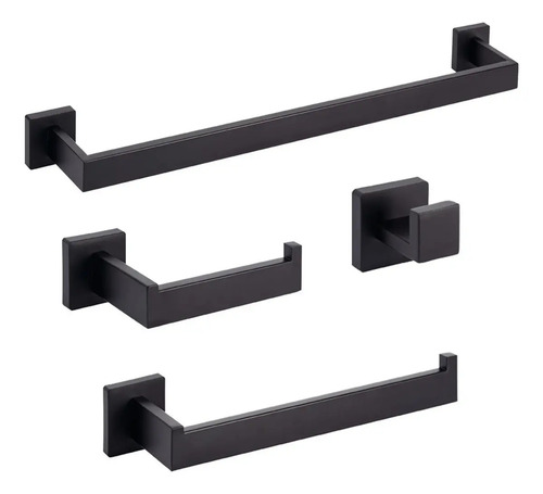 Kit acessorios banheiro preto fosco 4 pecas quadrado barra t