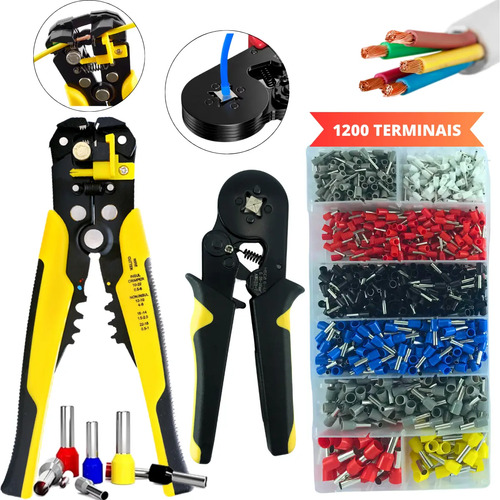 Kit alicate crimpar descascador 1200 terminais ilhos tubular 1
