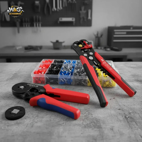 Kit Alicate Crimpar Descascador 1200 Terminais Ilhós Tubular W&g