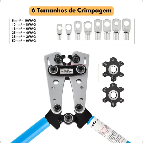 Kit Alicate Crimpar Olhal Compressão 6 Até 50mm + Terminais