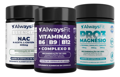 Kit alwaysfit pro3magnesio nac e vitaminas b6b9b12 sem sabor