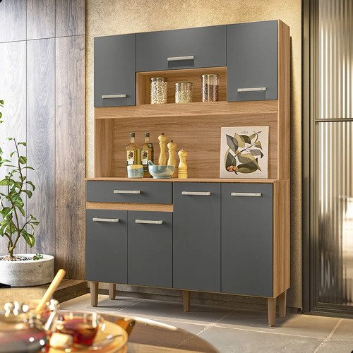 Kit Armário Gabinete Cozinha 7 Portas E 1 Gaveta Organizador Magazine Design Moderno Organizador Cor Freijó Chumbo