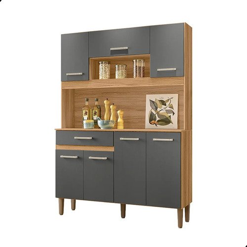 Kit Armário Gabinete Cozinha 7 Portas E 1 Gaveta Organizador Magazine Design Moderno Organizador Cor Freijó Chumbo