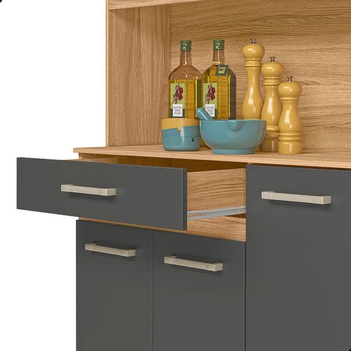Kit Armário Gabinete Cozinha 7 Portas E 1 Gaveta Organizador Magazine Design Moderno Organizador Cor Freijó Chumbo
