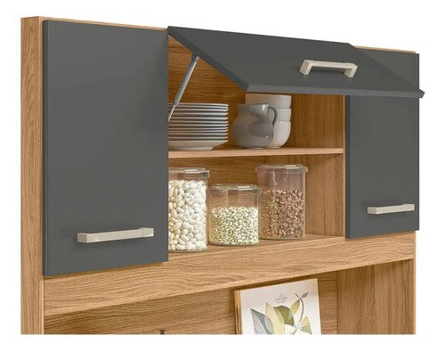 Kit Armário Gabinete Cozinha 7 Portas E 1 Gaveta Organizador Magazine Design Moderno Organizador Cor Freijó Chumbo
