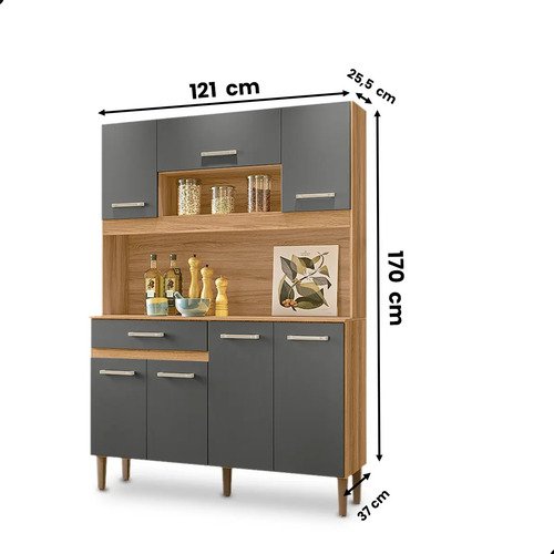 Kit Armário Gabinete Cozinha 7 Portas E 1 Gaveta Organizador Magazine Design Moderno Organizador Cor Freijó Chumbo