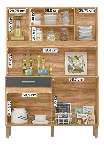 Kit Armário Gabinete Cozinha 7 Portas E 1 Gaveta Organizador Magazine Design Moderno Organizador Cor Freijó Chumbo