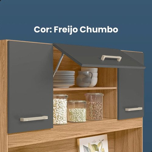 Kit Armário Gabinete Cozinha 7 Portas E 1 Gaveta Organizador Magazine Design Moderno Organizador Cor Freijó Chumbo