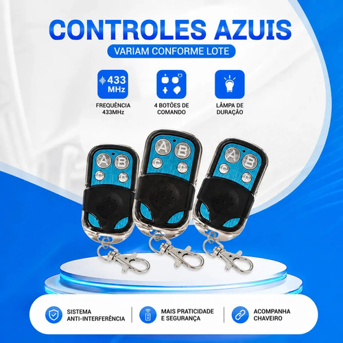 Kit C/ 3 Controles Remoto Universal C/ 4 Botões 433mhz Rf Compatível C/ Dispositivo Para Mega Controle Portão Eletrônico Automático Garagem Alarme Porta Residencial Cerca Elétrica Pro Phone See