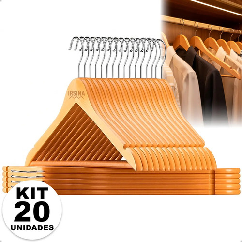 Kit cabide madeira mafim antiderrapante para roupa adulto re