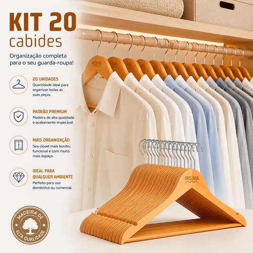 Kit Cabide Madeira Mafim Antiderrapante para Roupa Adulto Reforçado Irsina