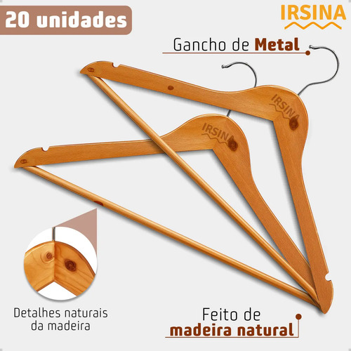 Kit Cabide Madeira Mafim Antiderrapante para Roupa Adulto Reforçado Irsina