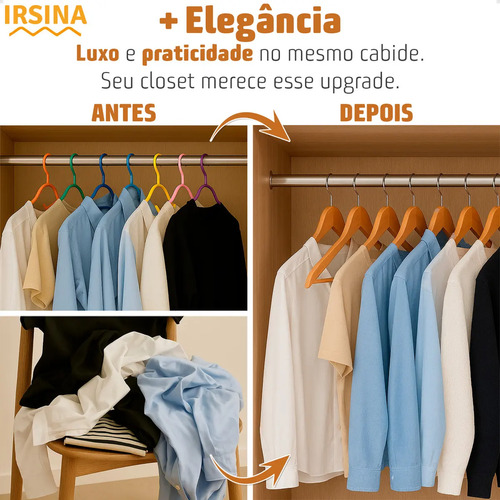 Kit Cabide Madeira Mafim Antiderrapante para Roupa Adulto Reforçado Irsina