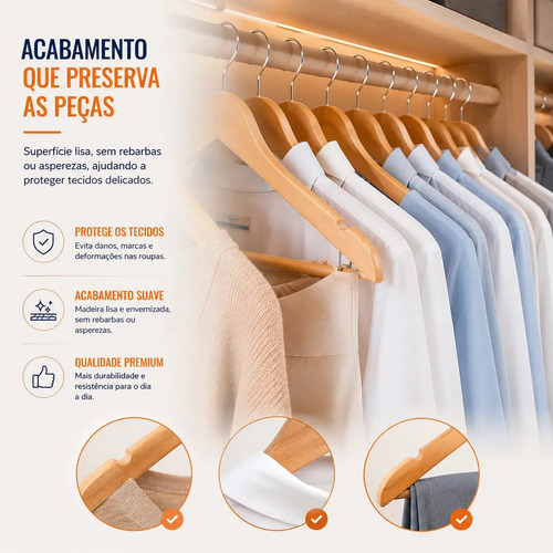 Kit Cabide Madeira Mafim Antiderrapante para Roupa Adulto Reforçado Irsina