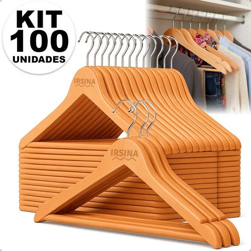 Kit cabide madeira natural gancho de metal marfim envernizad
