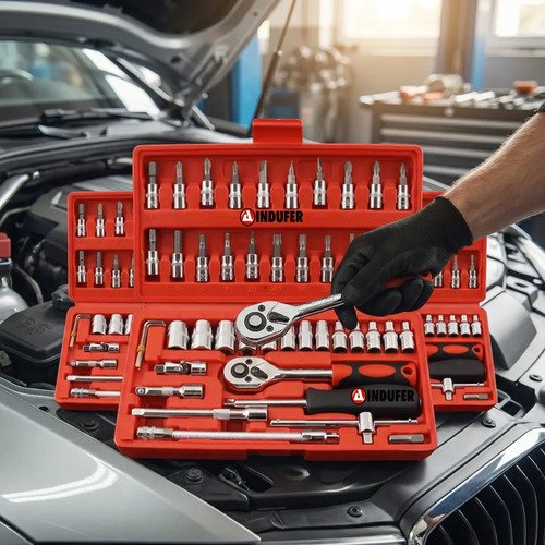 Kit Chave Catraca Soquete 46 Peças Indufer em Cromo Vanádio, para Manutenção de Carros e Motos