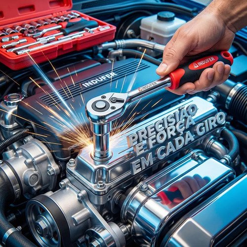 Kit Chave Catraca Soquete 46 Peças Indufer em Cromo Vanádio, para Manutenção de Carros e Motos