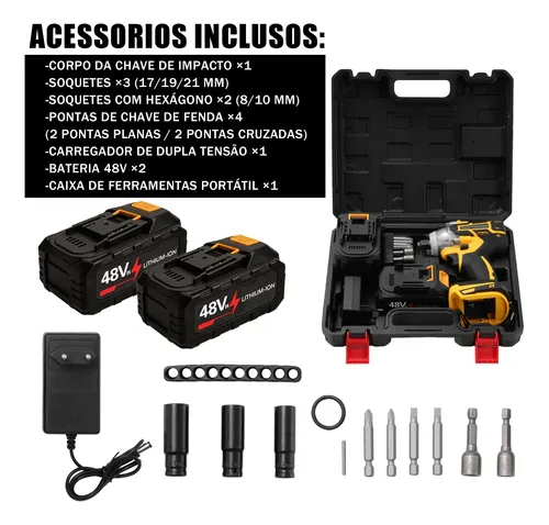 Kit Chave De Impacto 2 Baterias 48v Recarregável Com Maleta