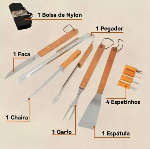 Kit Churrasco 360 De Aço Inoxidável Com 10 Peças