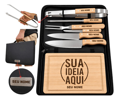 Kit churrasco personalizado tabua faca garfo nome time logo