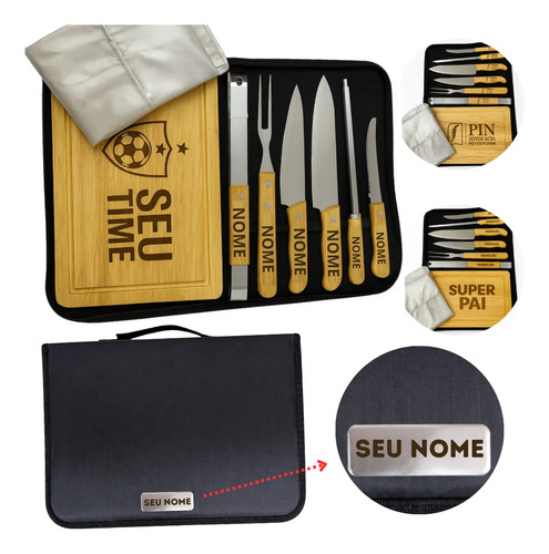 Kit Churrasco Personalizado Tábua Faca Garfo Nome Time Logo