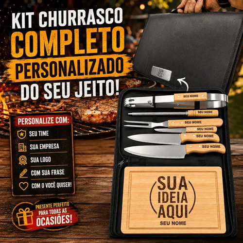 Kit Churrasco Personalizado Tábua Faca Garfo Nome Time Logo