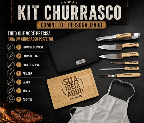 Kit Churrasco Personalizado Tábua Faca Garfo Nome Time Logo