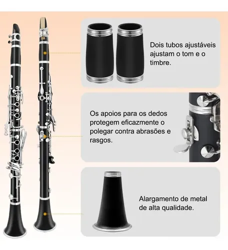 Kit Clarinete Si Bemol Bb 17 Chaves Estojo Case Luxo Preto