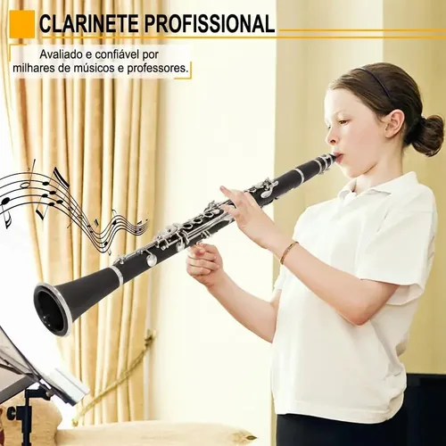 Kit Clarinete Si Bemol Bb 17 Chaves Estojo Case Luxo Preto