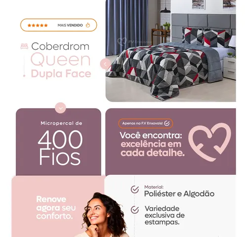 Kit Coberta Casal Queen Edredom 3 Peças Dupla Face 400 Fios