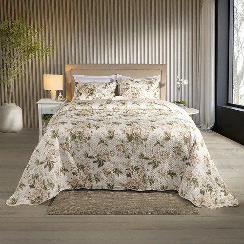 Kit Cobre Leito Colcha Queen 3 Peças Boutis Dupla Face Porta Travesseiro Aba Americana Beatriz Rose