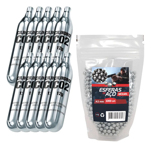 Kit com 1000 esferas de aco 45mm 10 cilindros co2 12g