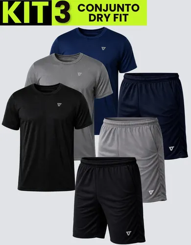 Kit com 3 conjuntos academia masculino dry fit shortscamisa