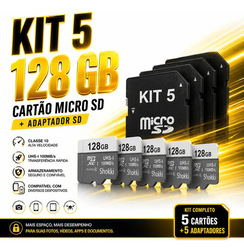 Kit com 5 cartoes micro sd e adaptadores sd 128gb classe 10