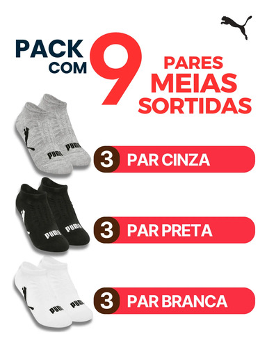 Kit Com 9 Pares Meias Sapatilha Invisível Ou Cano Curto Puma