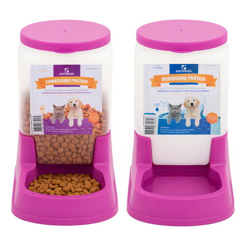 Kit comedouro e bebedouro pequeno pet 3l automatico cor rosa