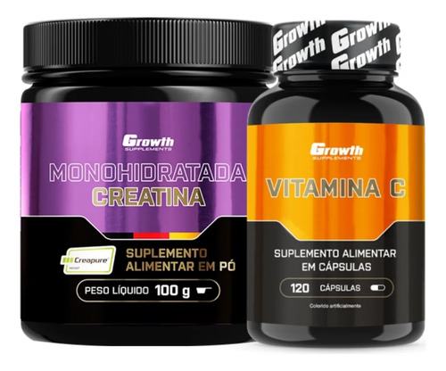 Kit Creatina Pura 100g Creapure + Vitamina C 120 Cápsulas Growth